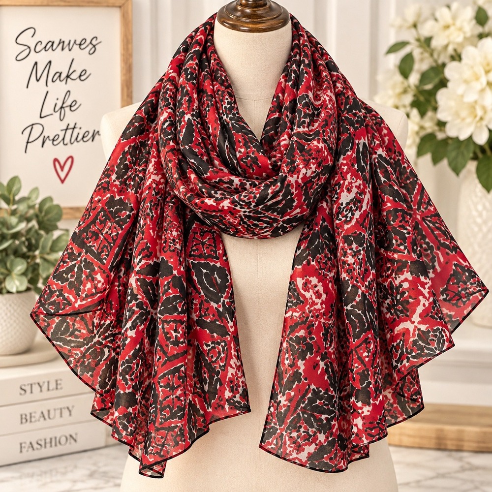 Cejon Red Black White Abstract Print Lightweight Scarf NWT